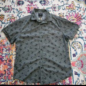 Denim Flower Cotton Button Down Short Sleeve Slim Fit Shirt Size Large